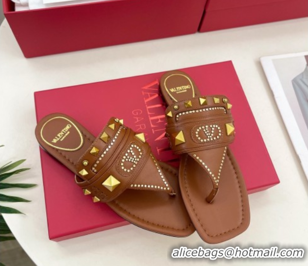 Shop Cheap Valentino Plaster Caster Flat Thong Slides Sandal in Calfskin Brown 0603078