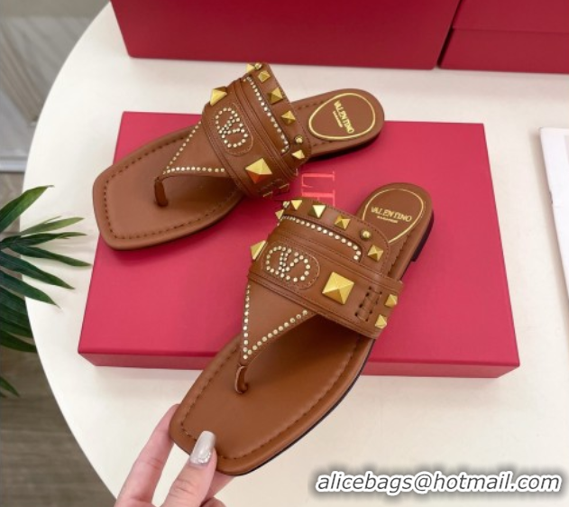 Shop Cheap Valentino Plaster Caster Flat Thong Slides Sandal in Calfskin Brown 0603078
