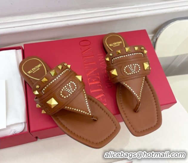 Shop Cheap Valentino Plaster Caster Flat Thong Slides Sandal in Calfskin Brown 0603078