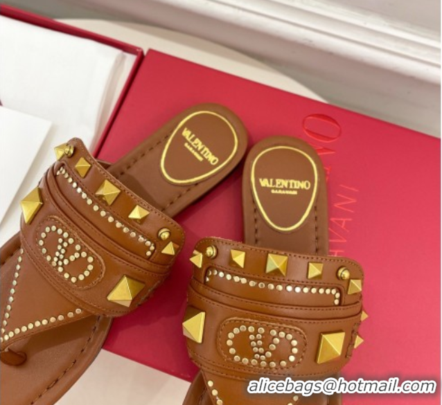 Shop Cheap Valentino Plaster Caster Flat Thong Slides Sandal in Calfskin Brown 0603078