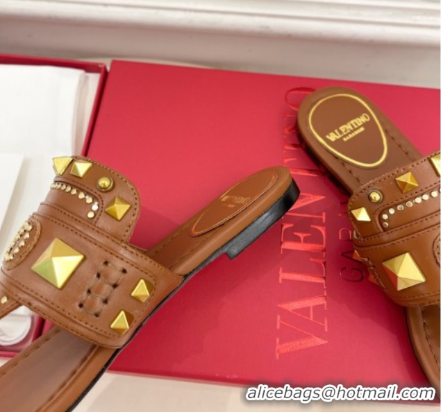 Shop Cheap Valentino Plaster Caster Flat Thong Slides Sandal in Calfskin Brown 0603078