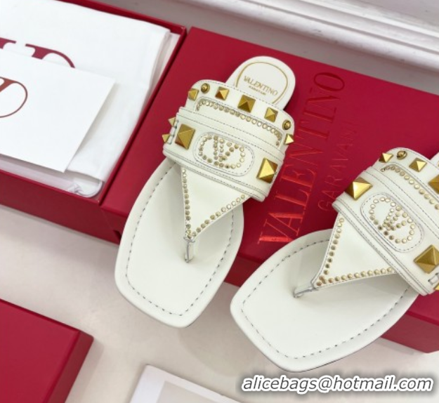Pretty Style Valentino Plaster Caster Flat Thong Slides Sandal in Calfskin White 0603080