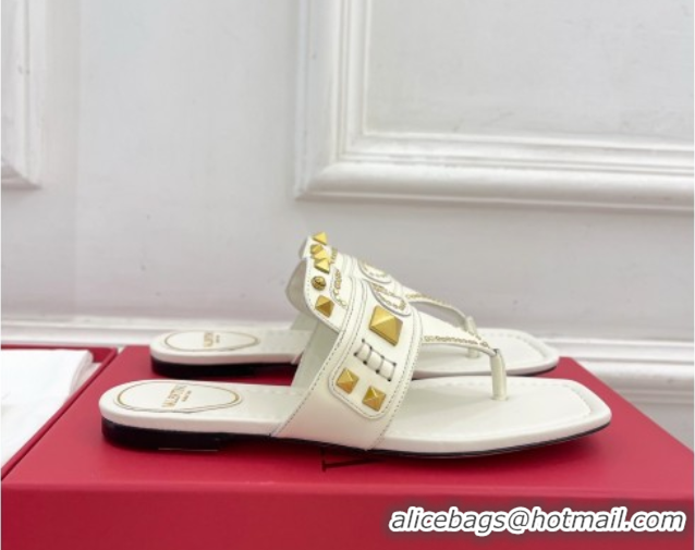 Pretty Style Valentino Plaster Caster Flat Thong Slides Sandal in Calfskin White 0603080