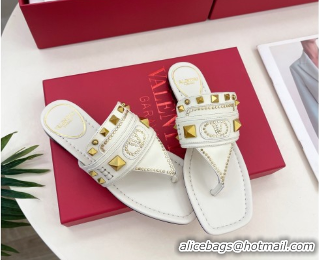 Pretty Style Valentino Plaster Caster Flat Thong Slides Sandal in Calfskin White 0603080