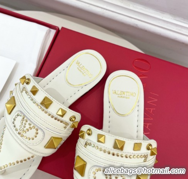 Pretty Style Valentino Plaster Caster Flat Thong Slides Sandal in Calfskin White 0603080