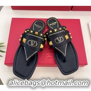 Purchase Valentino Plaster Caster Flat Thong Slides Sandal in Calfskin Black 0603081