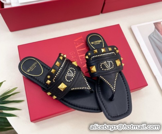Purchase Valentino Plaster Caster Flat Thong Slides Sandal in Calfskin Black 0603081