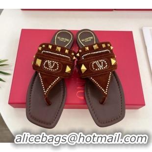 Luxurious Valentino Plaster Caster Flat Thong Slides Sandal in Suede Brown 0603082