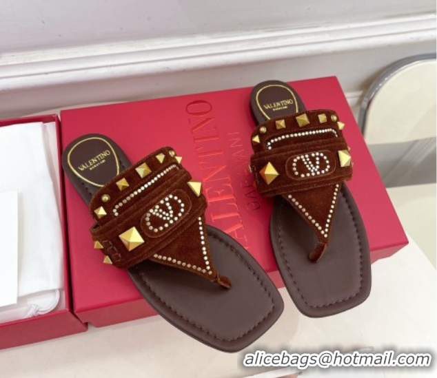 Luxurious Valentino Plaster Caster Flat Thong Slides Sandal in Suede Brown 0603082