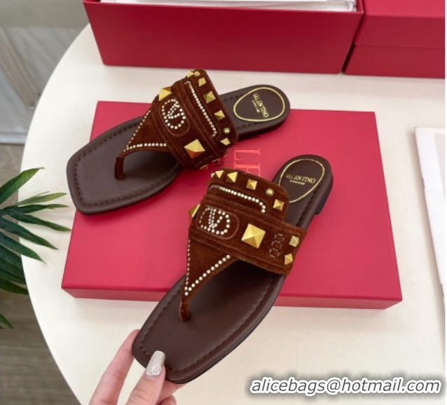 Luxurious Valentino Plaster Caster Flat Thong Slides Sandal in Suede Brown 0603082