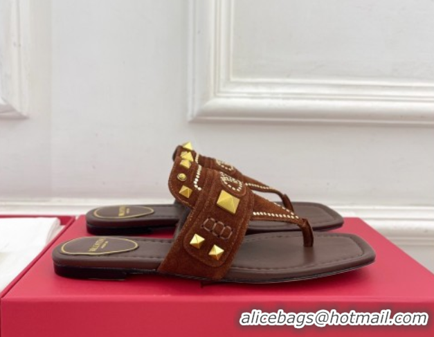 Luxurious Valentino Plaster Caster Flat Thong Slides Sandal in Suede Brown 0603082