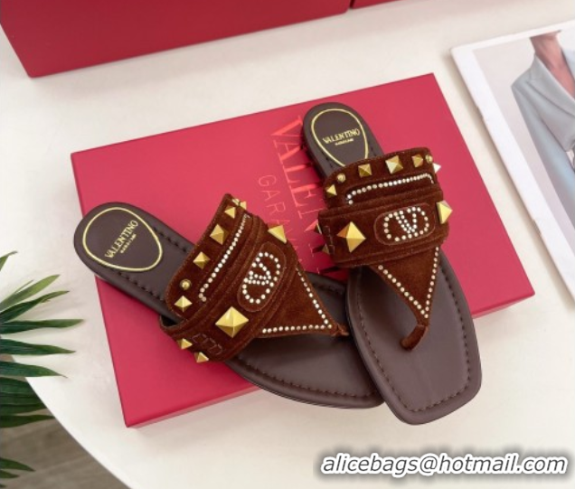 Luxurious Valentino Plaster Caster Flat Thong Slides Sandal in Suede Brown 0603082