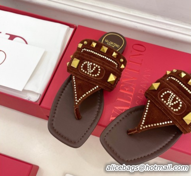 Luxurious Valentino Plaster Caster Flat Thong Slides Sandal in Suede Brown 0603082