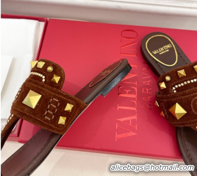 Luxurious Valentino Plaster Caster Flat Thong Slides Sandal in Suede Brown 0603082