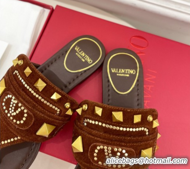 Luxurious Valentino Plaster Caster Flat Thong Slides Sandal in Suede Brown 0603082