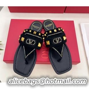 Top Design Valentino Plaster Caster Flat Thong Slides Sandal in Suede Black 0603083