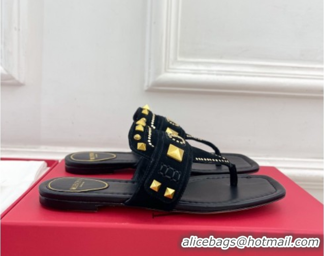 Top Design Valentino Plaster Caster Flat Thong Slides Sandal in Suede Black 0603083