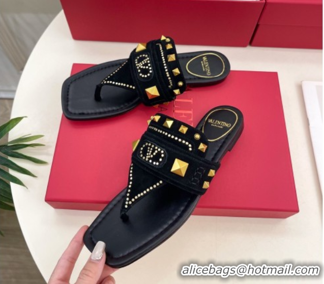 Top Design Valentino Plaster Caster Flat Thong Slides Sandal in Suede Black 0603083
