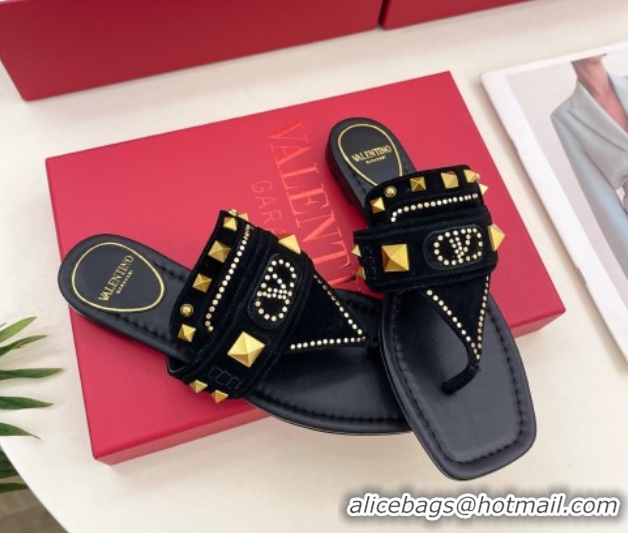 Top Design Valentino Plaster Caster Flat Thong Slides Sandal in Suede Black 0603083
