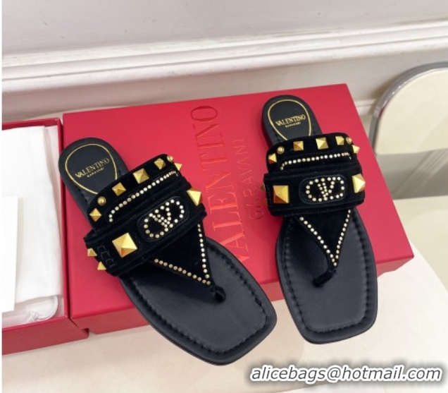 Top Design Valentino Plaster Caster Flat Thong Slides Sandal in Suede Black 0603083