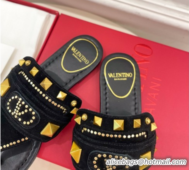 Top Design Valentino Plaster Caster Flat Thong Slides Sandal in Suede Black 0603083