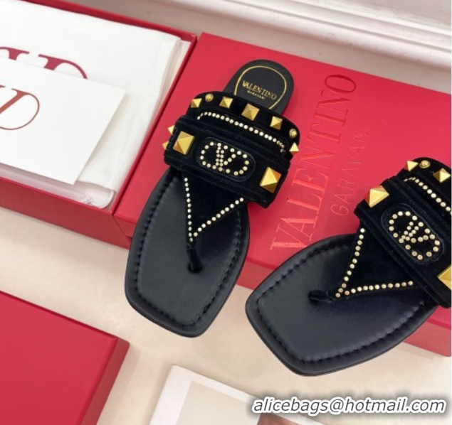 Top Design Valentino Plaster Caster Flat Thong Slides Sandal in Suede Black 0603083
