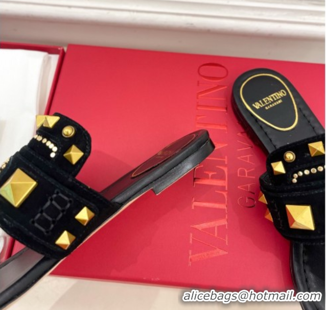 Top Design Valentino Plaster Caster Flat Thong Slides Sandal in Suede Black 0603083