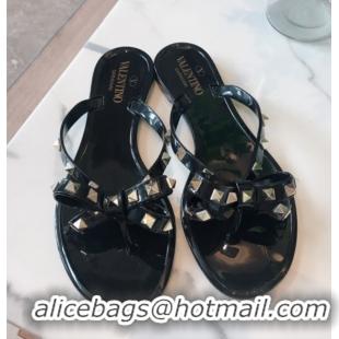 Luxurious Valentino Rockstud Rubber Flat Slides Sandal with Bow Black 0711045