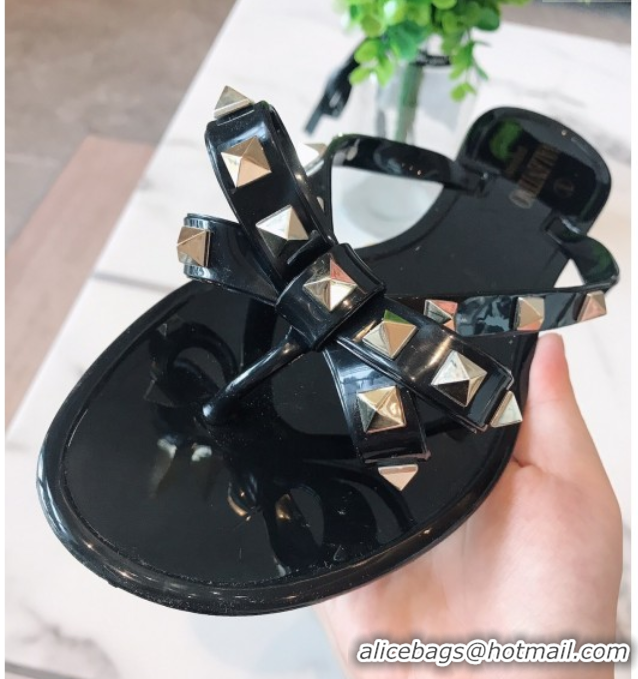 Luxurious Valentino Rockstud Rubber Flat Slides Sandal with Bow Black 0711045