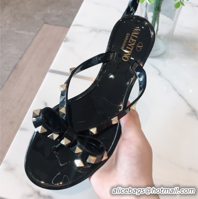 Luxurious Valentino Rockstud Rubber Flat Slides Sandal with Bow Black 0711045