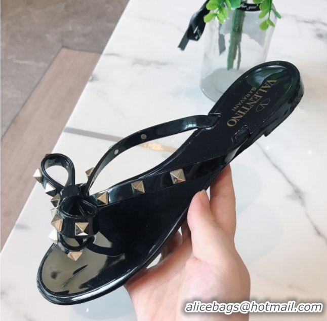 Luxurious Valentino Rockstud Rubber Flat Slides Sandal with Bow Black 0711045