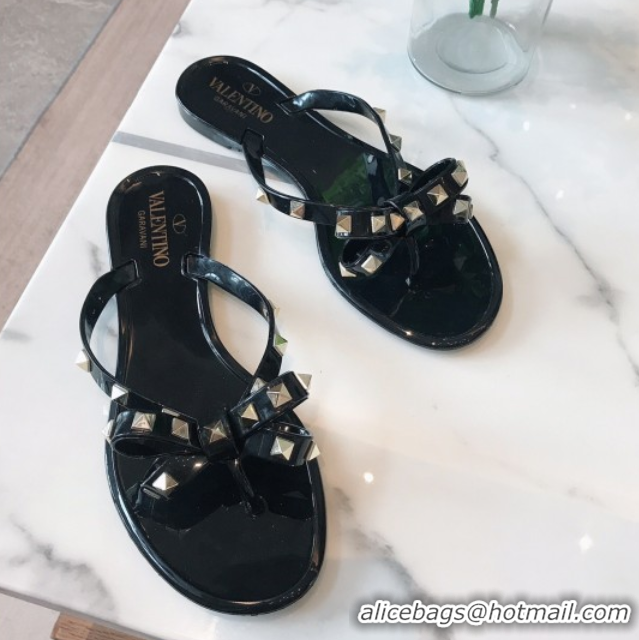 Luxurious Valentino Rockstud Rubber Flat Slides Sandal with Bow Black 0711045