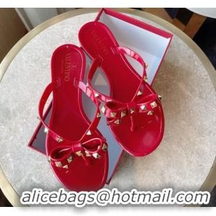 Luxury Discount Valentino Rockstud Rubber Flat Slides Sandal with Bow Red 0711046