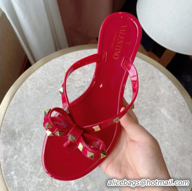 Luxury Discount Valentino Rockstud Rubber Flat Slides Sandal with Bow Red 0711046