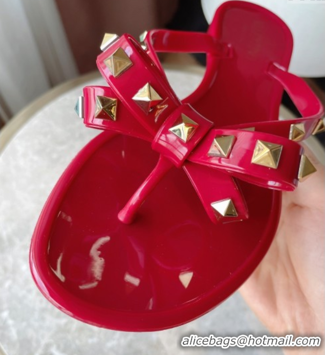 Luxury Discount Valentino Rockstud Rubber Flat Slides Sandal with Bow Red 0711046