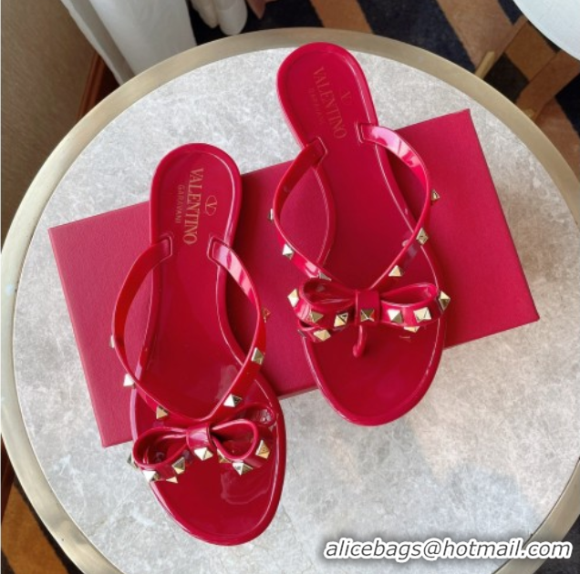Luxury Discount Valentino Rockstud Rubber Flat Slides Sandal with Bow Red 0711046