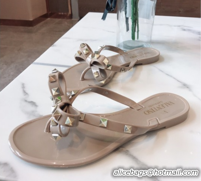 Luxury Valentino Rockstud Rubber Flat Slides Sandal with Bow Grey 0711047