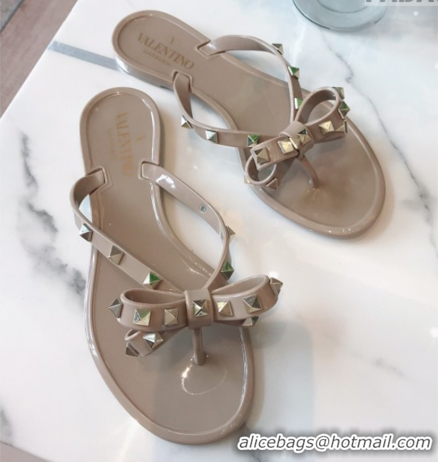 Luxury Valentino Rockstud Rubber Flat Slides Sandal with Bow Grey 0711047