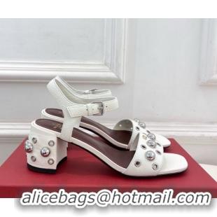 Most Popular Valentino Nellcôte Heel Sandals 6cm in Grainy Calfskin with Ball Studs White 0711049