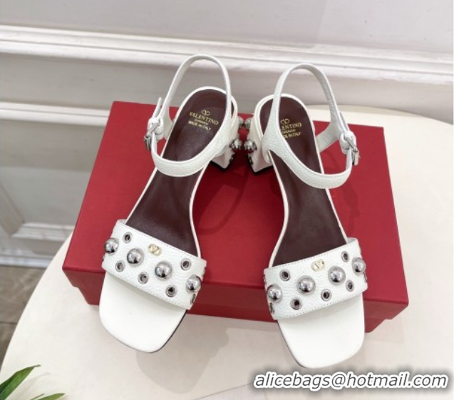 Most Popular Valentino Nellcôte Heel Sandals 6cm in Grainy Calfskin with Ball Studs White 0711049