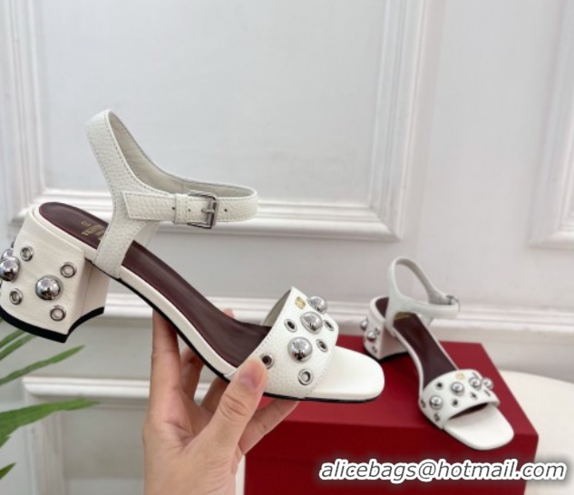 Most Popular Valentino Nellcôte Heel Sandals 6cm in Grainy Calfskin with Ball Studs White 0711049