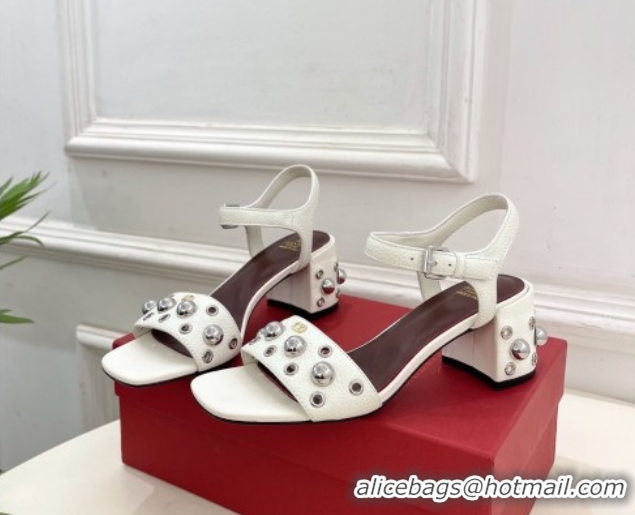 Most Popular Valentino Nellcôte Heel Sandals 6cm in Grainy Calfskin with Ball Studs White 0711049