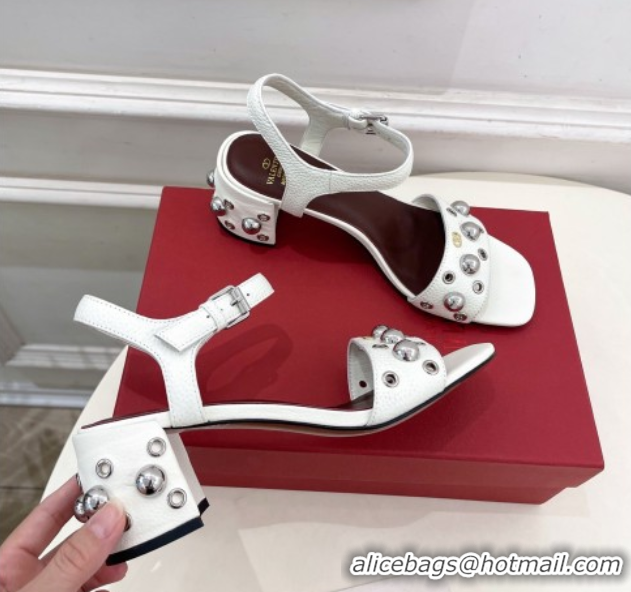 Most Popular Valentino Nellcôte Heel Sandals 6cm in Grainy Calfskin with Ball Studs White 0711049