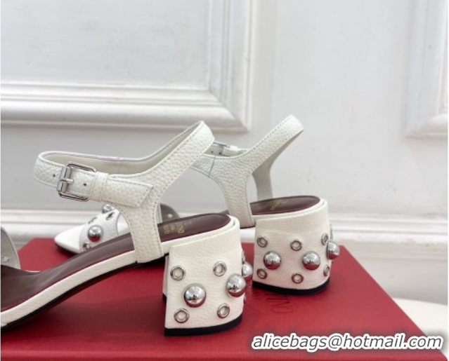 Most Popular Valentino Nellcôte Heel Sandals 6cm in Grainy Calfskin with Ball Studs White 0711049