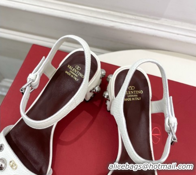Most Popular Valentino Nellcôte Heel Sandals 6cm in Grainy Calfskin with Ball Studs White 0711049