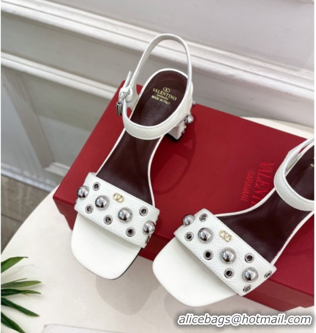 Most Popular Valentino Nellcôte Heel Sandals 6cm in Grainy Calfskin with Ball Studs White 0711049