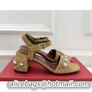 Duplicate Valentino Nellcôte Heel Sandals 6cm in Suede with Ball Studs Light Brown 0711050