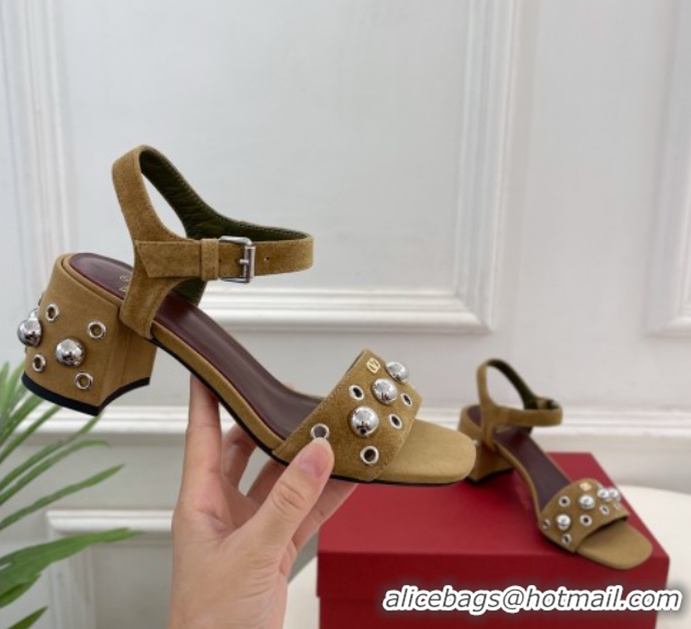 Duplicate Valentino Nellcôte Heel Sandals 6cm in Suede with Ball Studs Light Brown 0711050