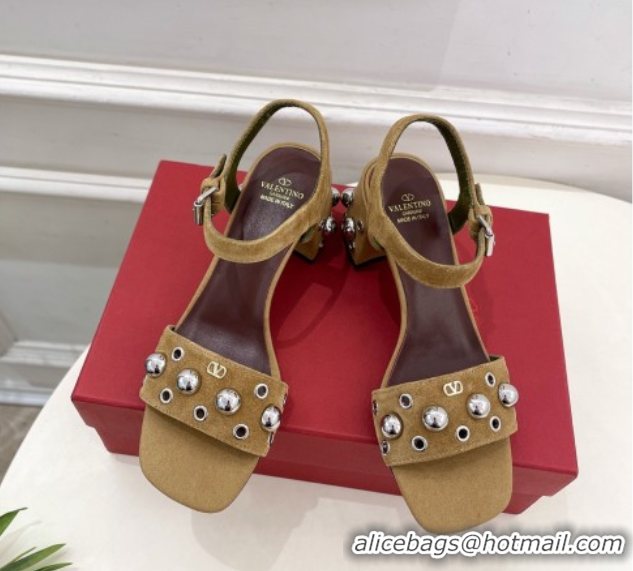 Duplicate Valentino Nellcôte Heel Sandals 6cm in Suede with Ball Studs Light Brown 0711050