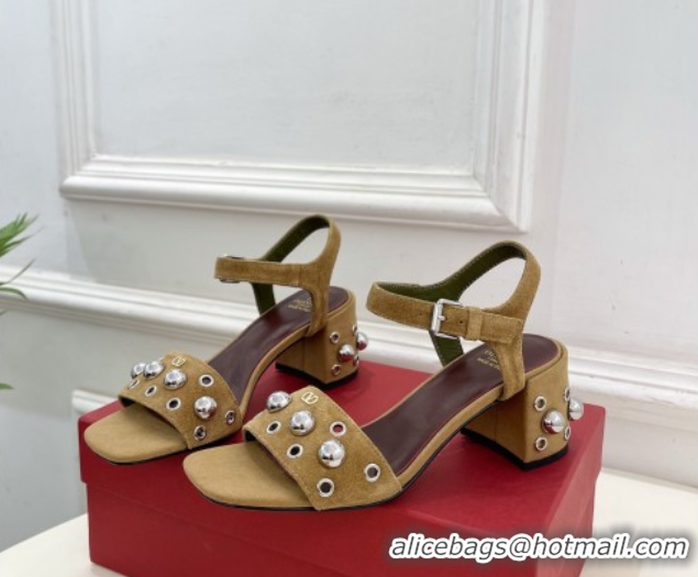 Duplicate Valentino Nellcôte Heel Sandals 6cm in Suede with Ball Studs Light Brown 0711050